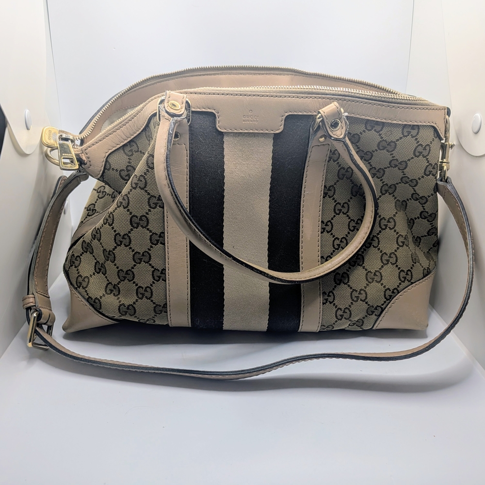 💢 Pristine💢 Gucci Beige And Brown Boston Canvas Stripe Satchel